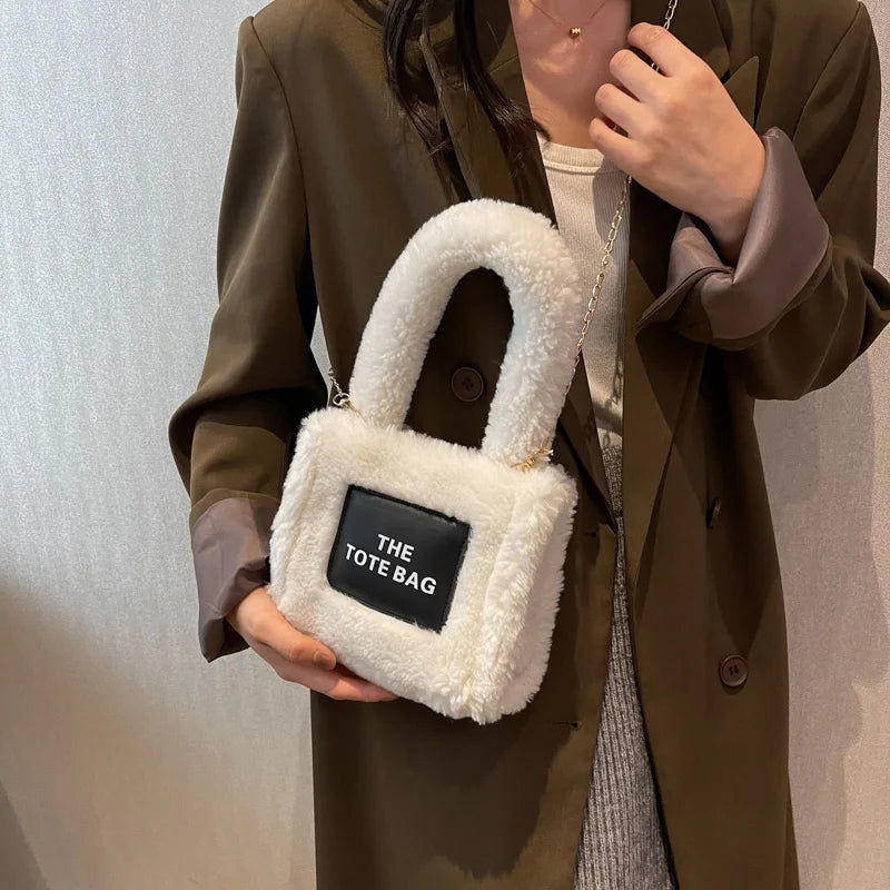 Plush Tote Bag Winter Shopping Crossbody Chain Shoulder Handbag