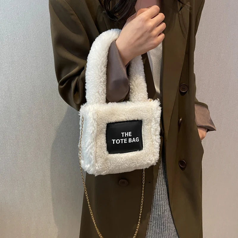 Plush Tote Bag Winter Shopping Crossbody Chain Shoulder Handbag