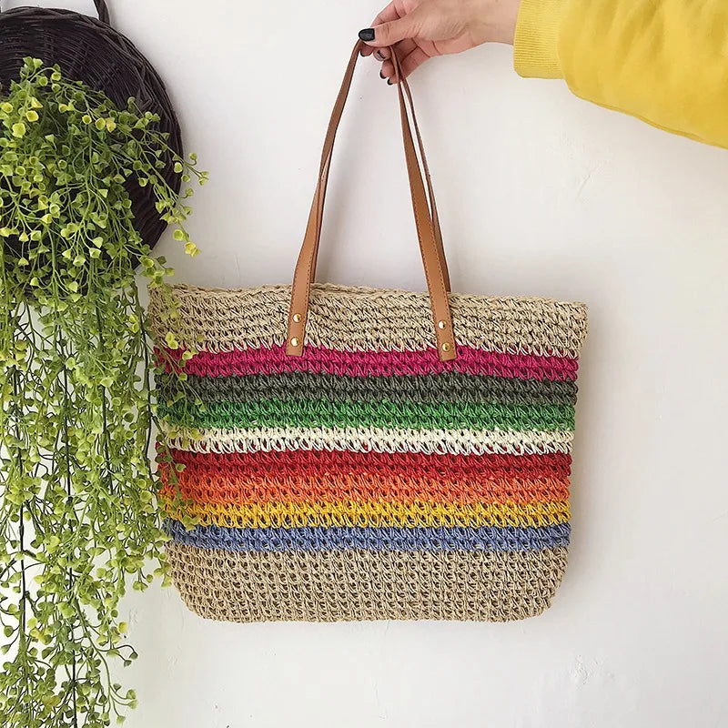 Rainbow Lady Handbag Shoulder Straw Bag Beach Version
