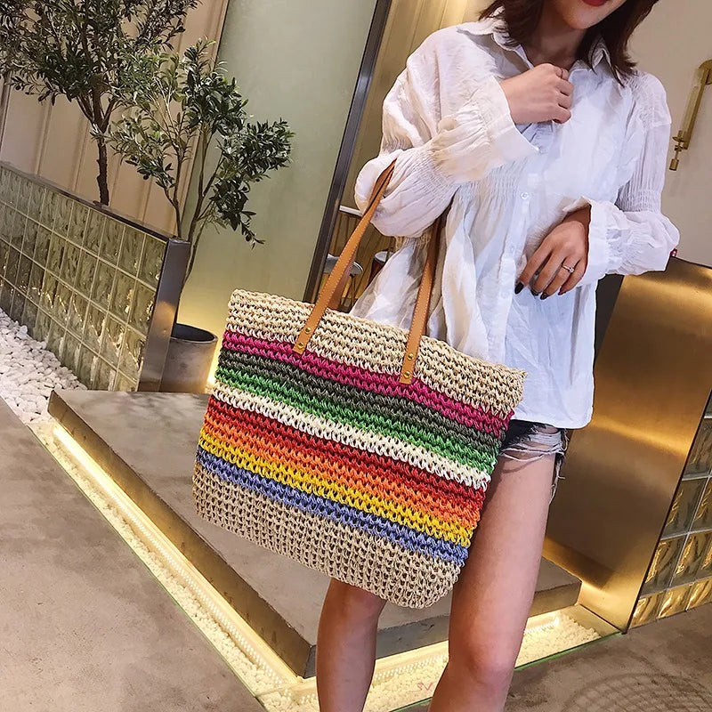 Rainbow Lady Handbag Shoulder Straw Bag Beach Version