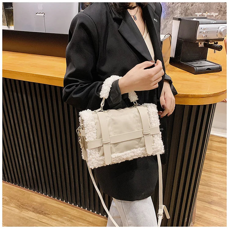 Brown Lamb Wool Shoulder Bag Quilted Handbag Large Crossbody Purse