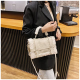 Brown Lamb Wool Shoulder Bag Quilted Handbag Large Crossbody Purse