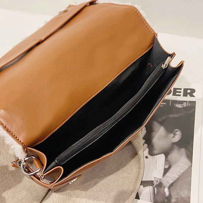 Brown Lamb Wool Shoulder Bag Quilted Handbag Large Crossbody Purse