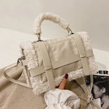 Brown Lamb Wool Shoulder Bag Quilted Handbag Large Crossbody Purse