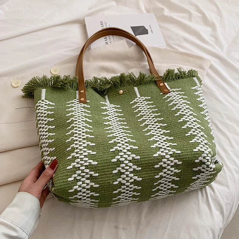 Large Tote Handbags Cotton Woven Shoulder Bags Tassel Shopper Purse