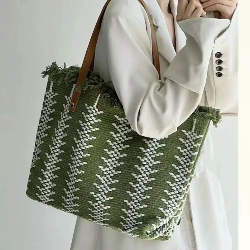 Large Tote Handbags Cotton Woven Shoulder Bags Tassel Shopper Purse