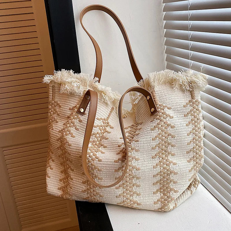 Large Tote Handbags Cotton Woven Shoulder Bags Tassel Shopper Purse