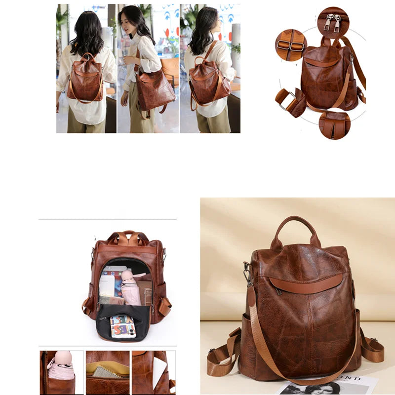 Anti-Theft Leather Backpack for Women Travel Rucksack