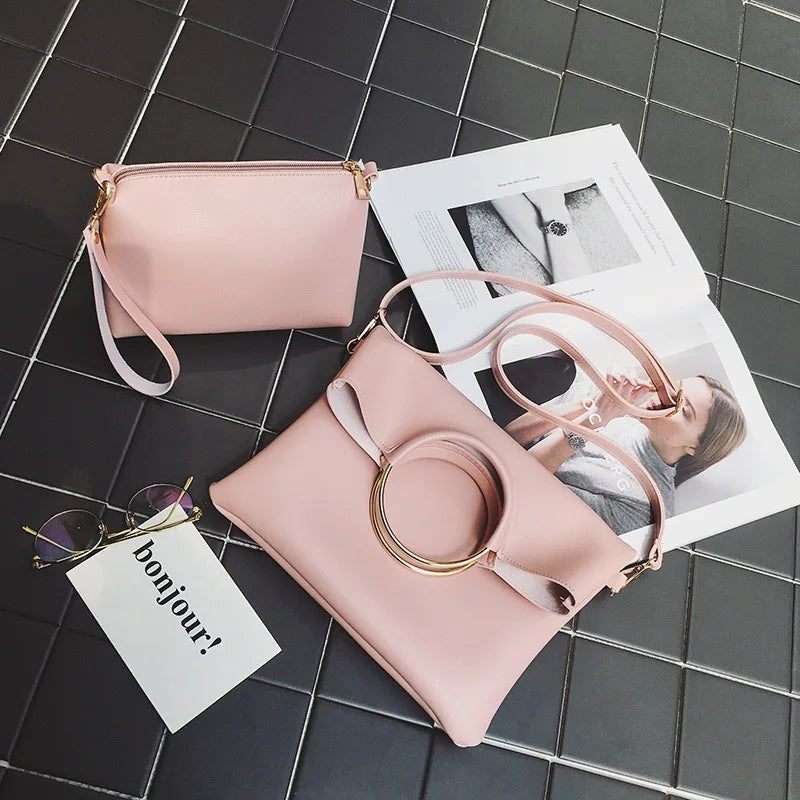 Leather Women Handbag Set Metal Handle Tote Shoulder Crossbody Messenger Clutch