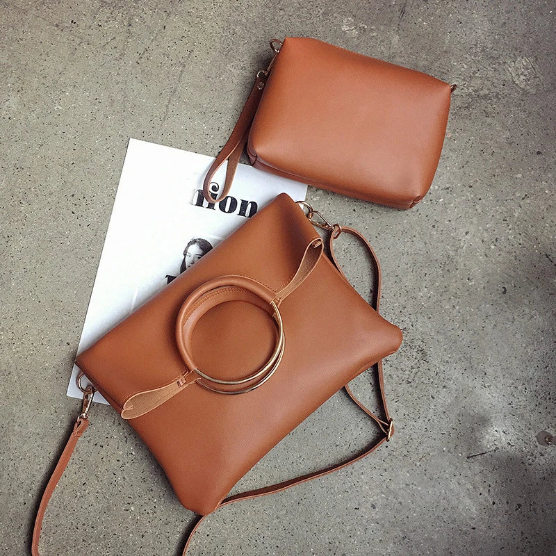 Leather Women Handbag Set Metal Handle Tote Shoulder Crossbody Messenger Clutch