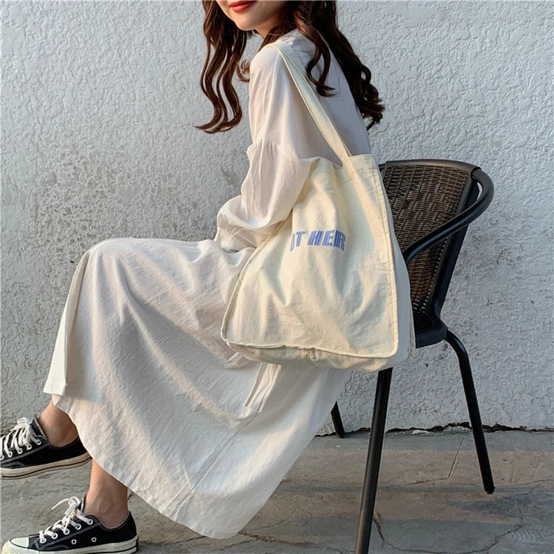 Letter Print Cotton Linen Women Canvas Shopping Bags Eco Friendly Shoulder Bag