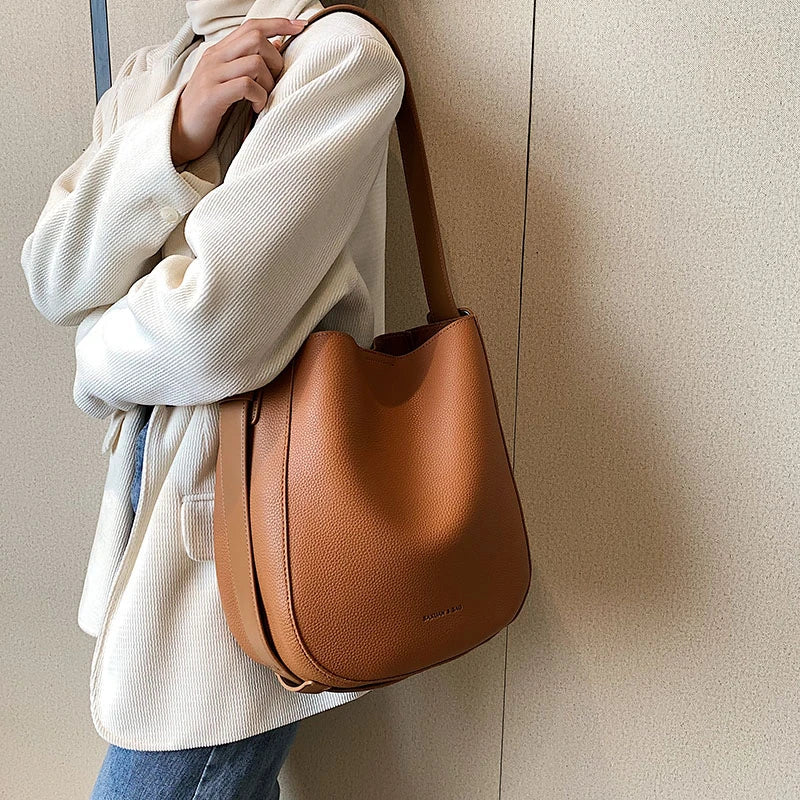 PU Leather Women Shoulder Bags Daily Tote Soft Bucket High Capacity Crossbody La