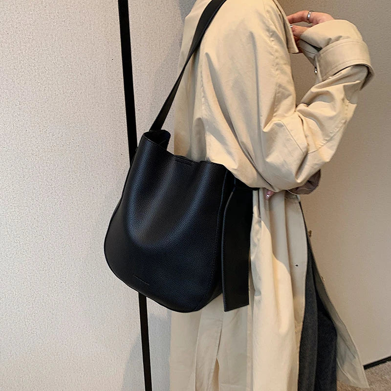 PU Leather Women Shoulder Bags Daily Tote Soft Bucket High Capacity Crossbody La