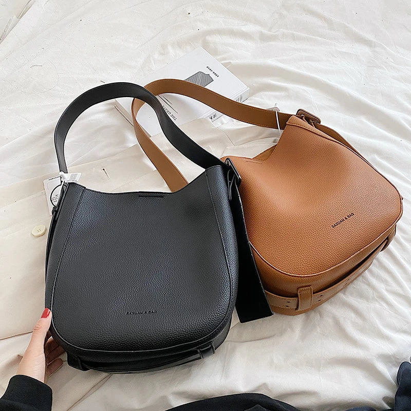 PU Leather Women Shoulder Bags Daily Tote Soft Bucket High Capacity Crossbody La