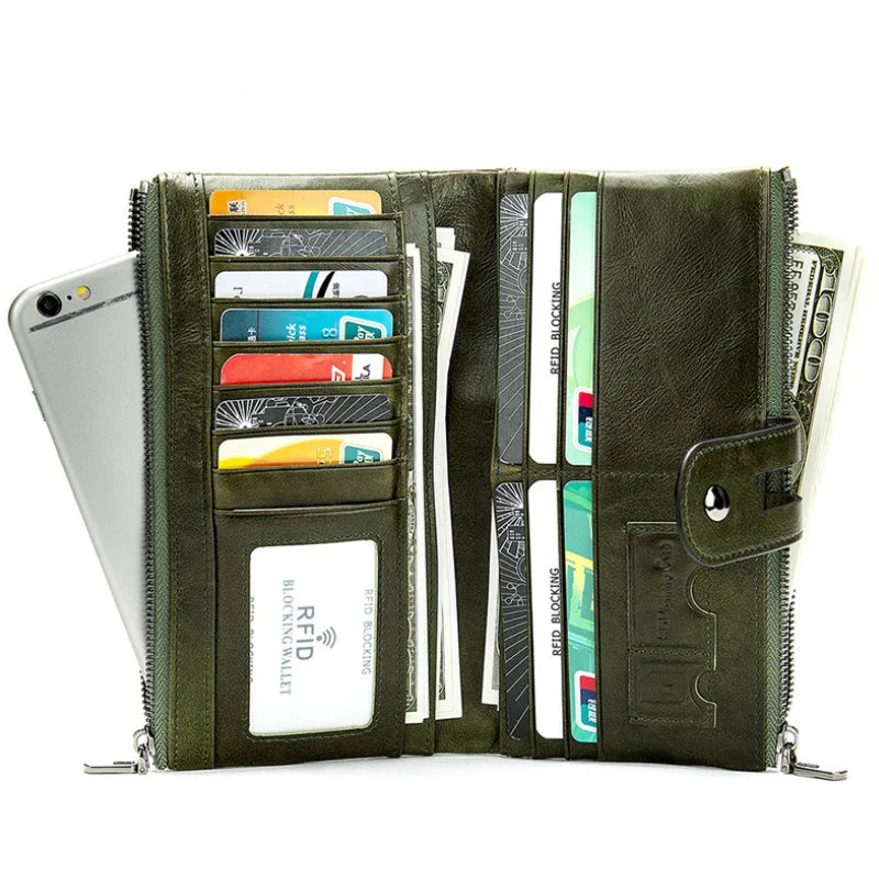 Newsbirds Leather Lady Bifold Zipper Long Purse Green Red Travel Wallet