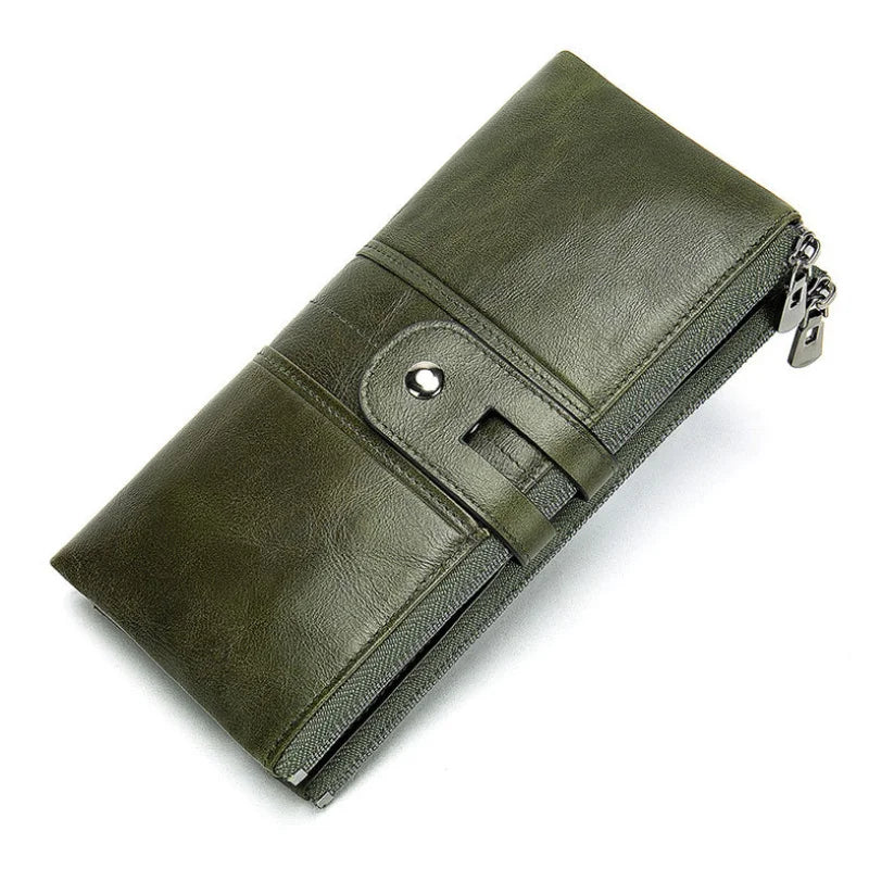 Newsbirds Leather Lady Bifold Zipper Long Purse Green Red Travel Wallet