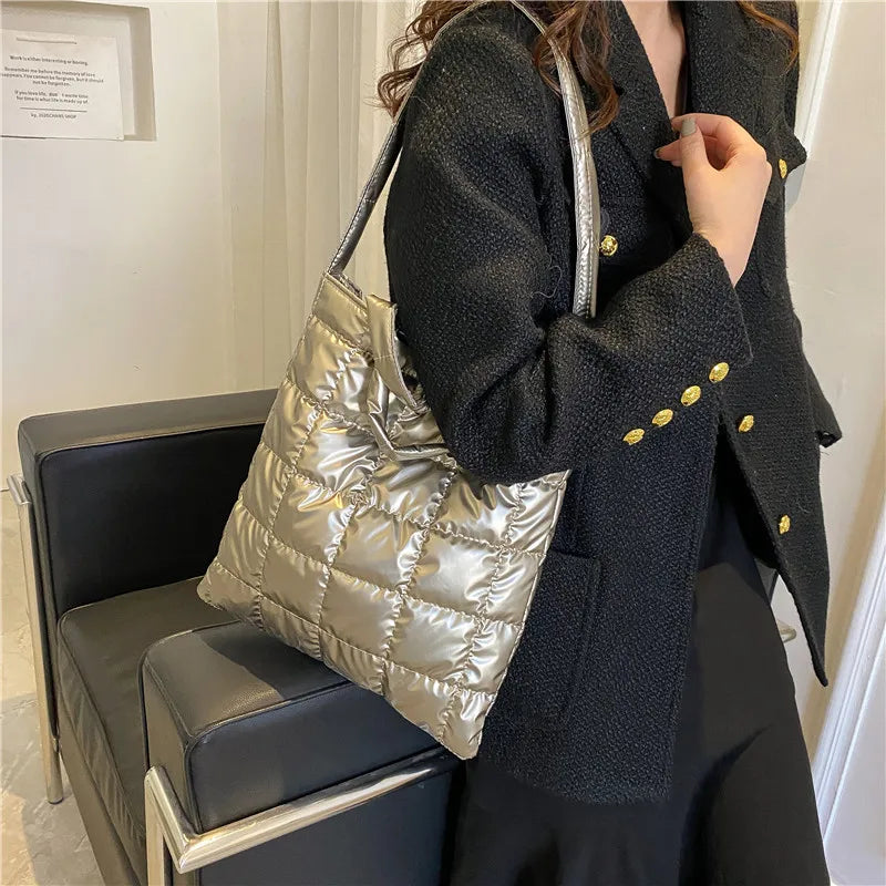 Winter Nylon Tote Handbag for Women, Cotton Padded Shoulder Bag