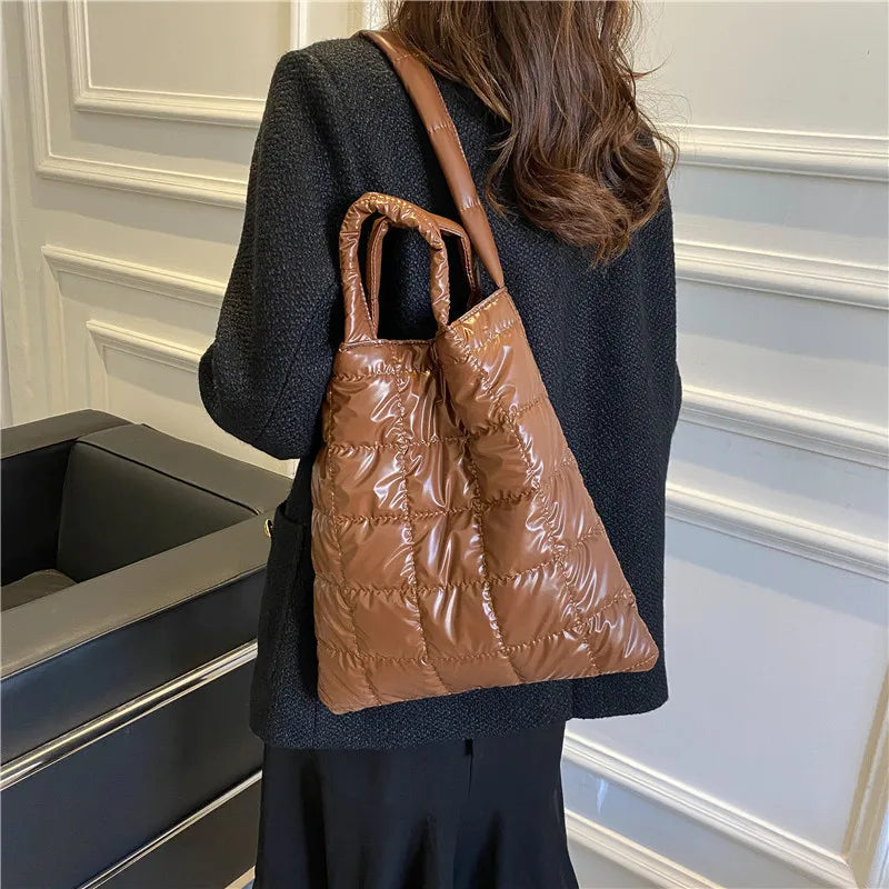 Winter Nylon Tote Handbag for Women, Cotton Padded Shoulder Bag