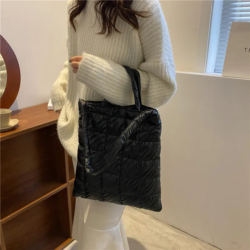 Winter Nylon Tote Handbag for Women, Cotton Padded Shoulder Bag
