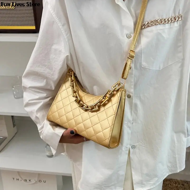 Golden Chain Leather Shoulder Purse Wedding Square Handbag