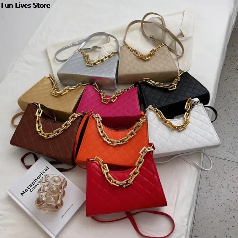 Golden Chain Leather Shoulder Purse Wedding Square Handbag