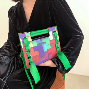 Patchwork Shoulder Bag For Women PU Leather Crossbody Bag with Scarf Handle