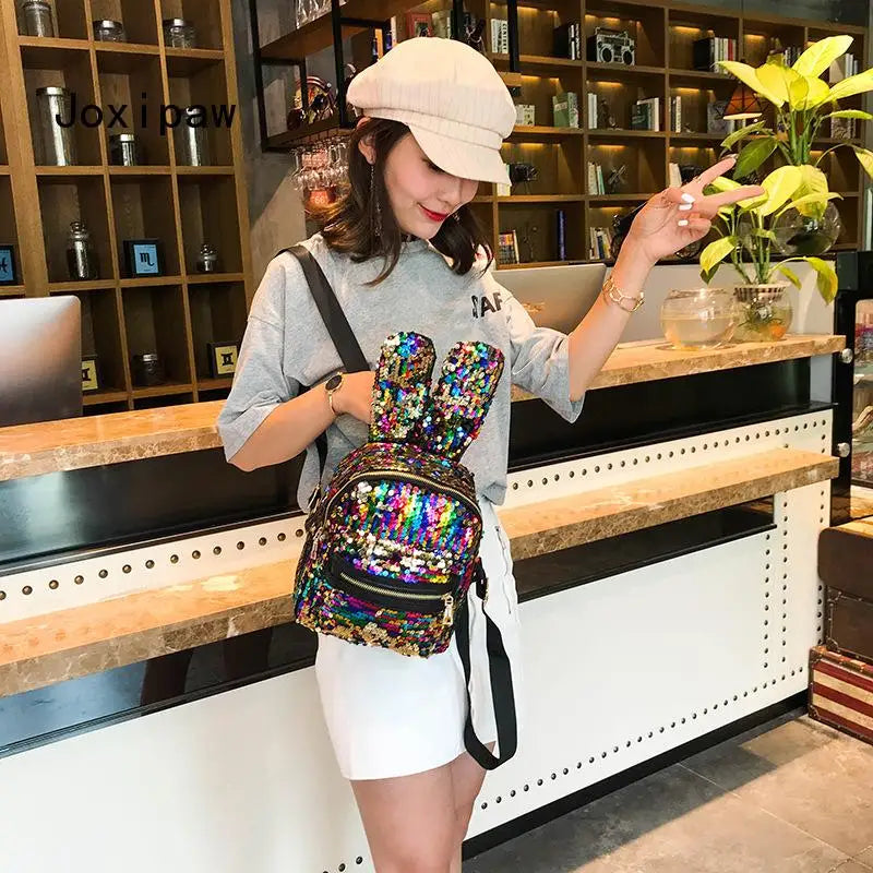 Sequins Rabbit Ears Backpack for Women Mini School Bag