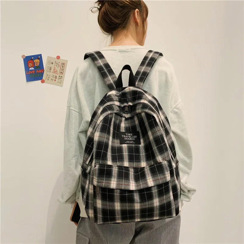 Plaid Canvas Women's Backpack Student Backpacks Teenage Girl School Bags