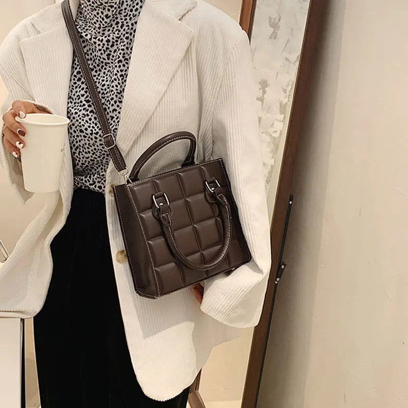 Plaid Square Women Handbag Pu Leather Shoulder Bag Retro Large Capacity