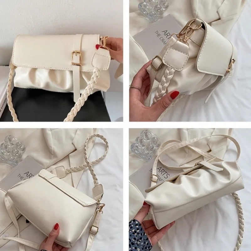 Retro Pleated PU Shoulder Bag Solid Leather Hobos Handbag Womens Underarm