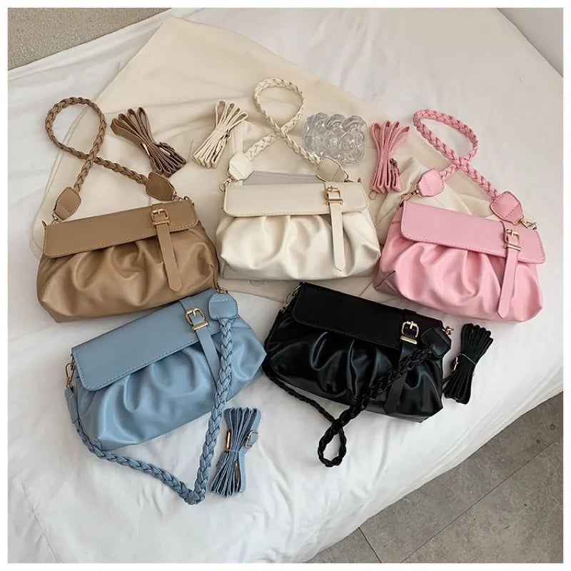 Retro Pleated PU Shoulder Bag Solid Leather Hobos Handbag Womens Underarm