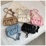 Retro Pleated PU Shoulder Bag Solid Leather Hobos Handbag Womens Underarm