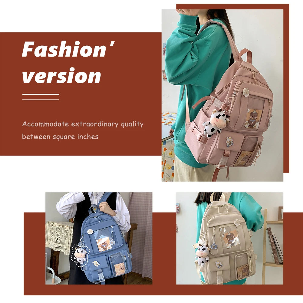 Preppy Style Women Backpacks Travel Patchwork Backpack with Cow Pendant