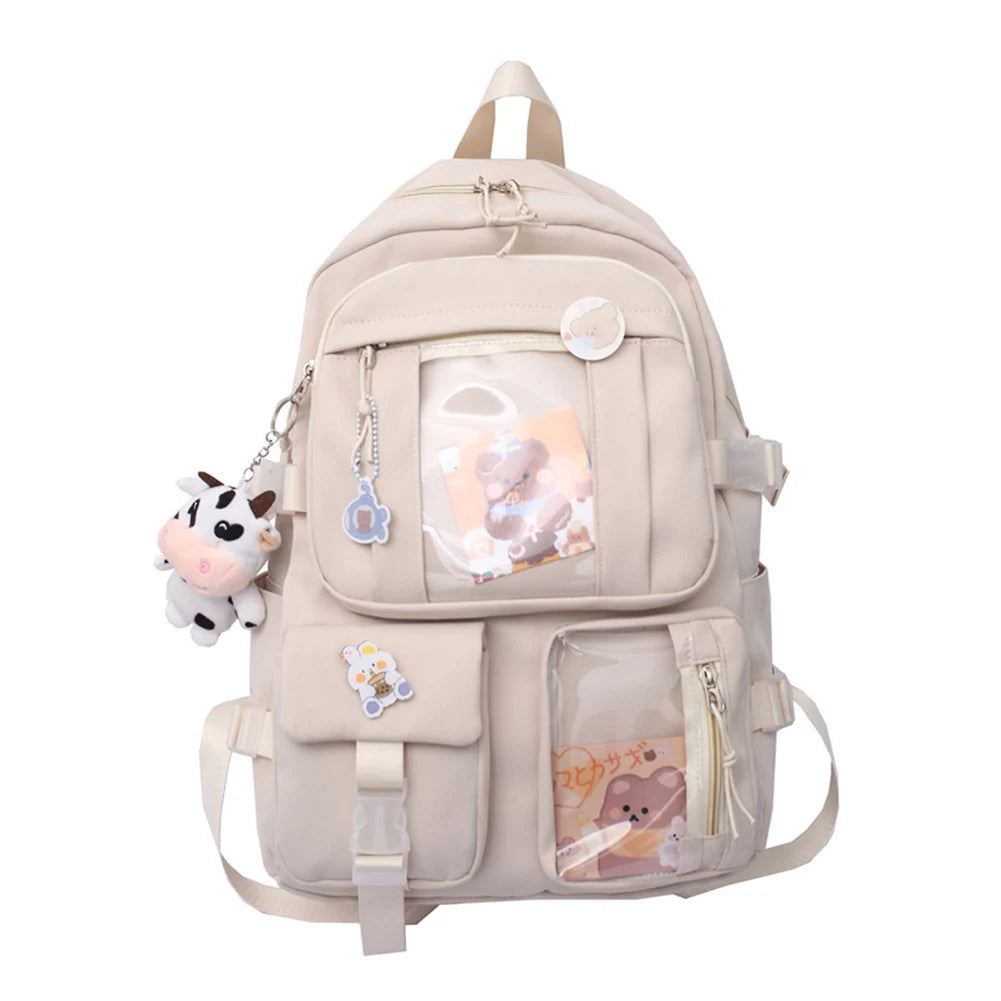 Preppy Style Women Backpacks Travel Patchwork Backpack with Cow Pendant