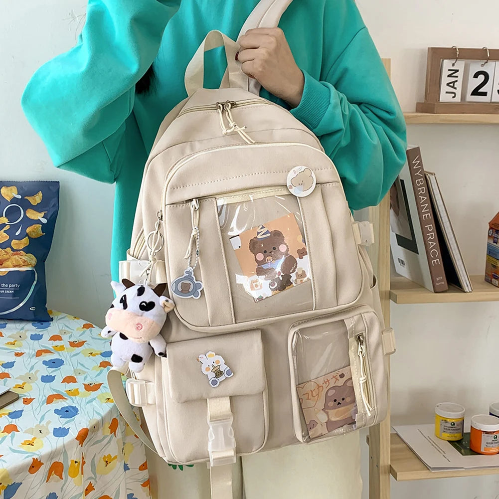 Preppy Style Women Backpacks Travel Patchwork Backpack with Cow Pendant