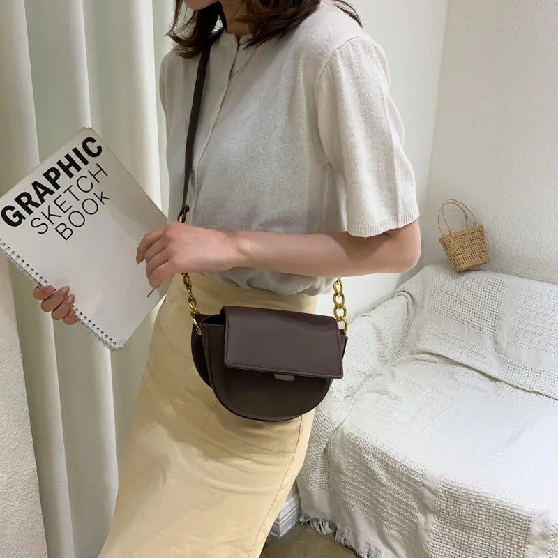 Women Small Saddle Bag PU Leather Solid Chain Lady Shoulder Bag