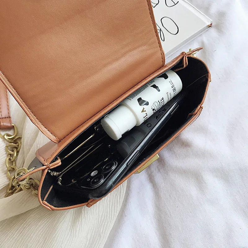 Women Small Saddle Bag PU Leather Solid Chain Lady Shoulder Bag