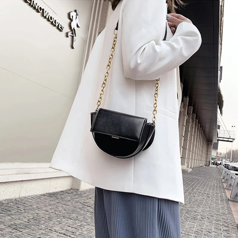 Women Small Saddle Bag PU Leather Solid Chain Lady Shoulder Bag