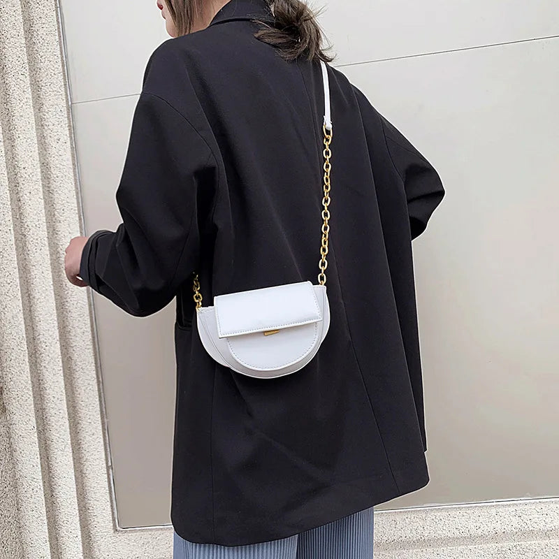 Women Small Saddle Bag PU Leather Solid Chain Lady Shoulder Bag