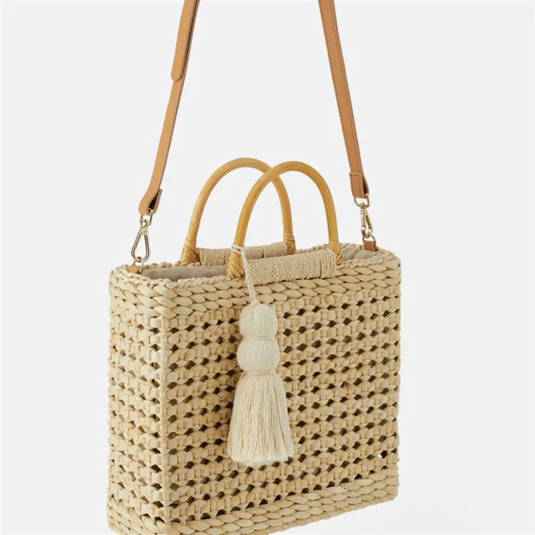 Rattan Hollow Handbag Natural Straw Tote Lady Shoulder Bag