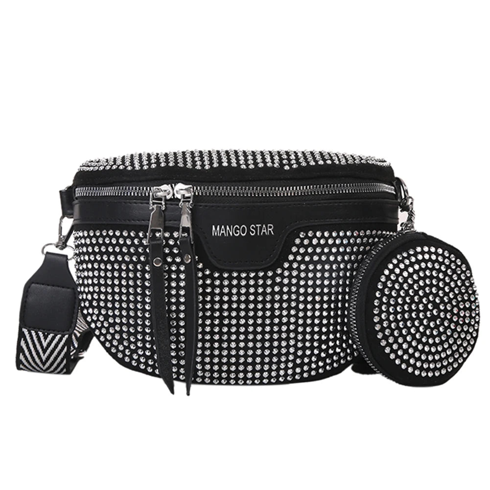 Rhinestone Waist Belt Bag Shoulder Crossbody PU Leather Chest Phone Pack