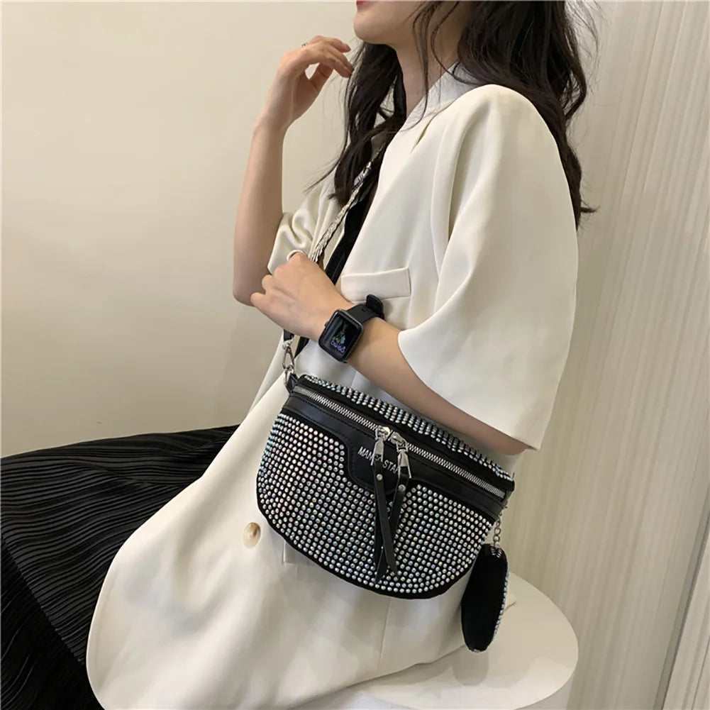 Rhinestone Waist Belt Bag Shoulder Crossbody PU Leather Chest Phone Pack