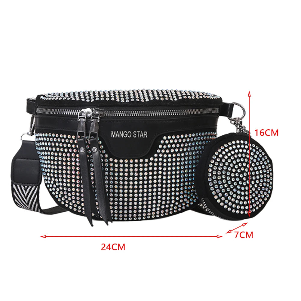 Rhinestone Waist Belt Bag Shoulder Crossbody PU Leather Chest Phone Pack