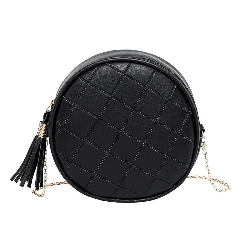 Rhombus Embossed Small Round Bag with Tassel Shoulder Strap