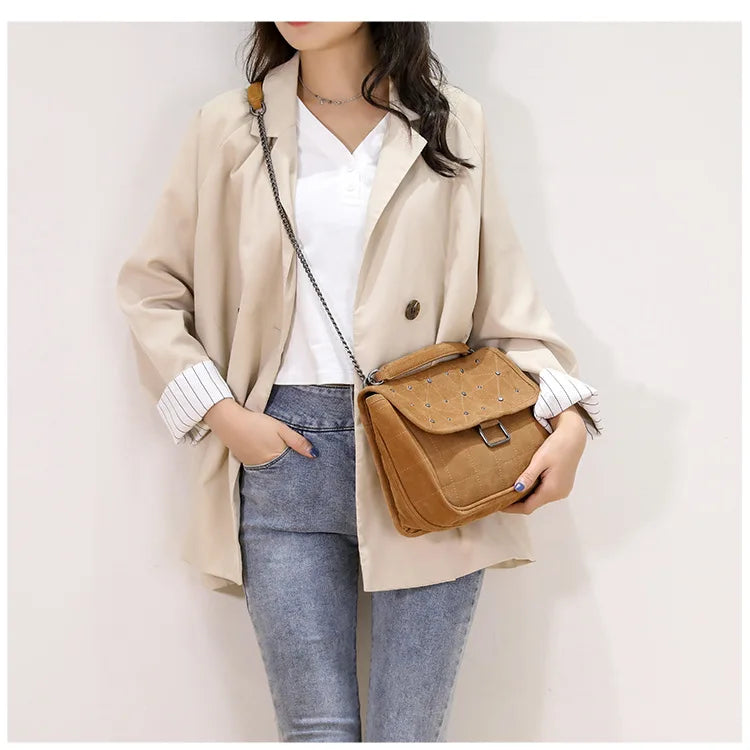 Rivet Small Square Bag Brown Casual Shoulder Wandering Bag