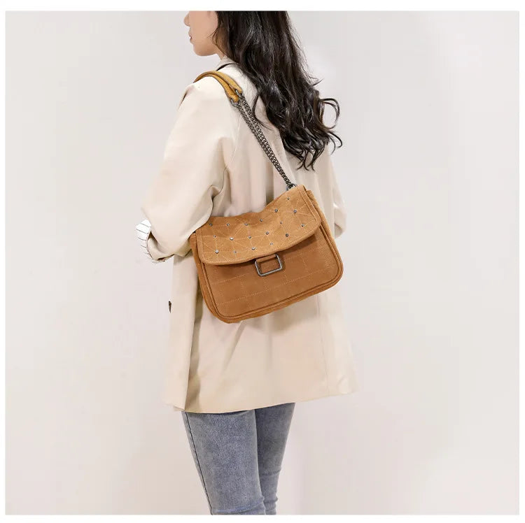 Rivet Small Square Bag Brown Casual Shoulder Wandering Bag