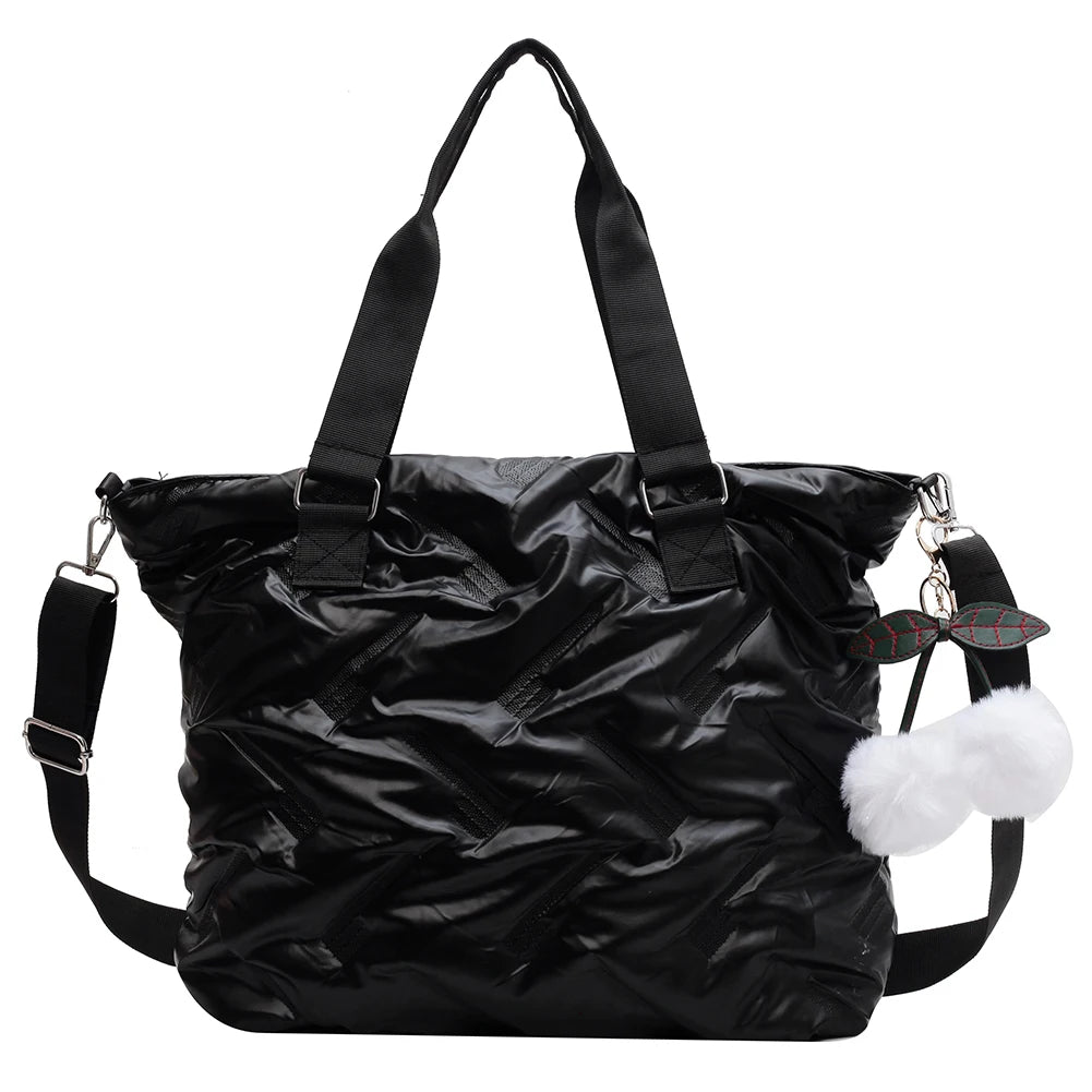 Quilted Crossbody Bag with PomPom, Large Capacity Ladies Tote Handbag