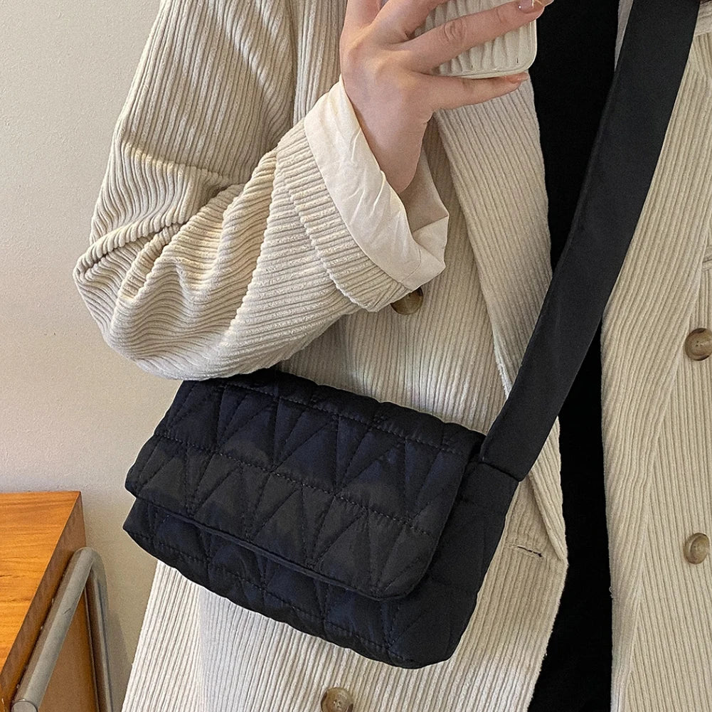 Quilted Rhombus Shoulder Bag with Wide Strap