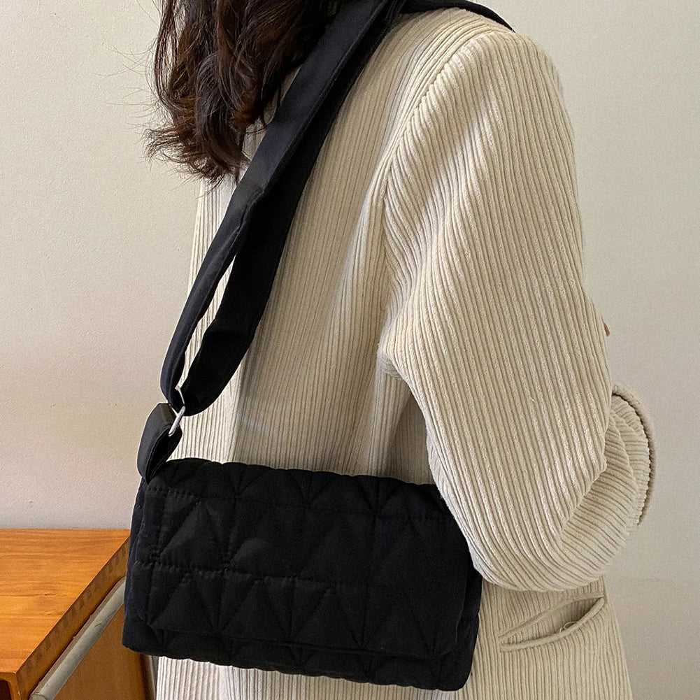Quilted Rhombus Shoulder Bag with Wide Strap