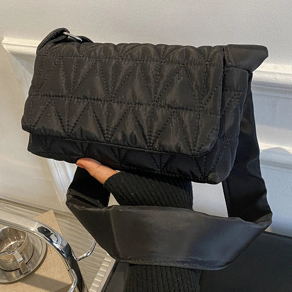 Quilted Rhombus Shoulder Bag with Wide Strap